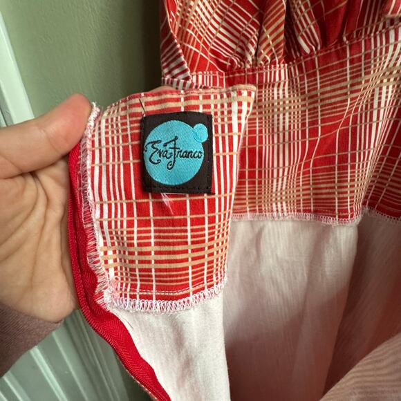 Eva Franco Red White Plaid Halter Midi Skater Dress Fitted Bodice Fit and Flare - Picture 3 of 6